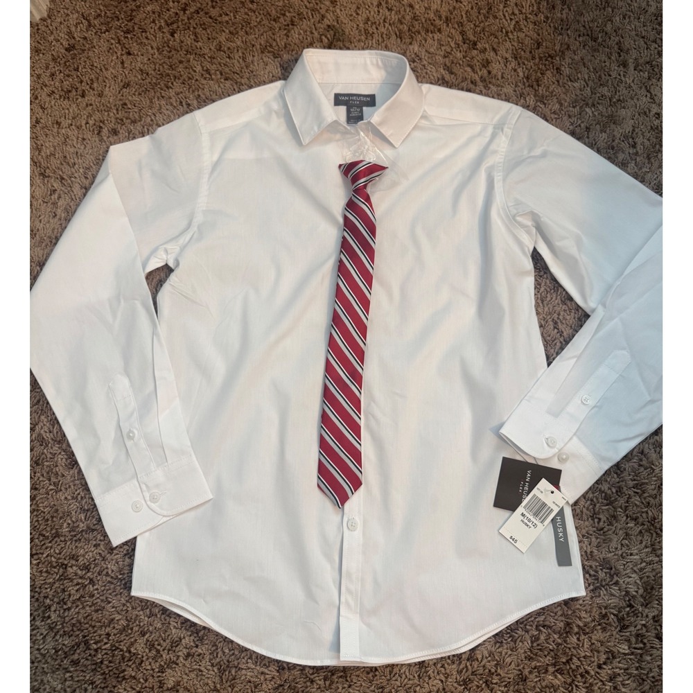 Van Heusen Flex Boys White Dress Shirt‎ Tie Set M 10/12 Husky NWT